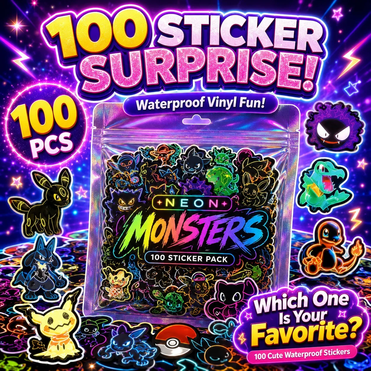 100pcs Neon  Pokémon  Stickers - Scrapbooking review and price
